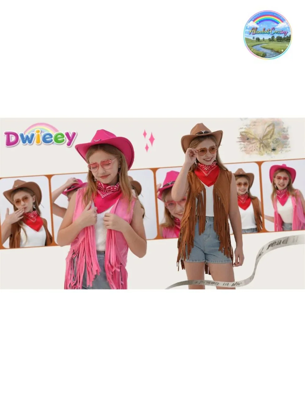 Girls Cowgirl Costume 6 Pc Set Fringe Vest Hat Earrings Halloween Western
